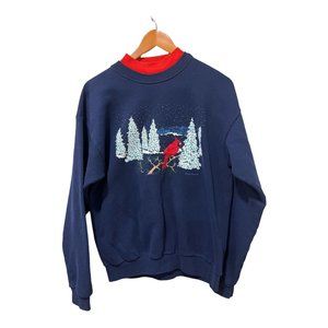 VTG 90's Pleasant Shade‎ Cardinal Winter Snow Trees Blue Sweater Crewneck Large